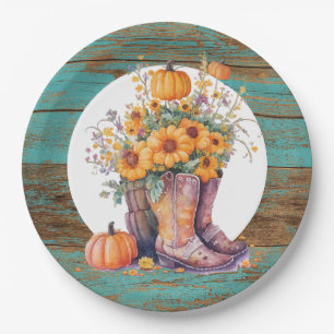 Rustic Wood Cowboy Boots Pumpkins Fall Pappteller