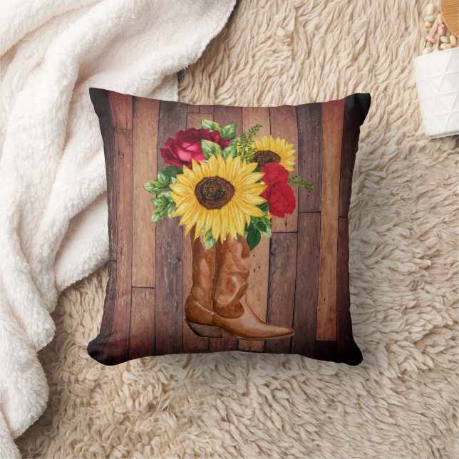 Rustic Wood Cowgirl Boots Sunflowers Rose Kissen (Decke)