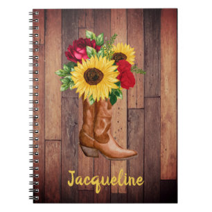 Rustic Wood Cowgirl Stiefel Sonnenblumen Rose Cust Notizblock