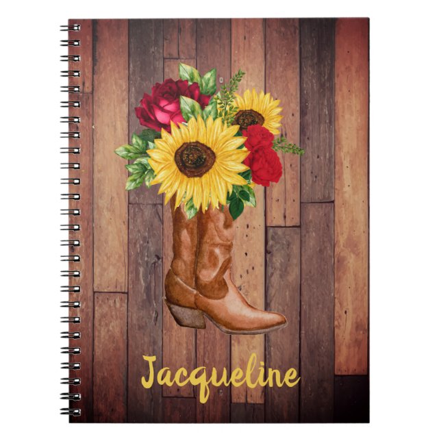 Rustic Wood Cowgirl Stiefel Sonnenblumen Rose Cust Notizblock (Vorderseite)