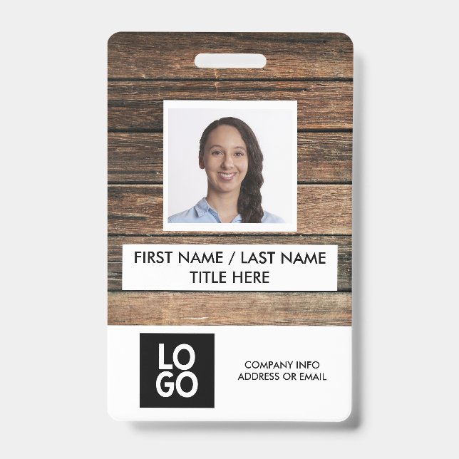 Rustic Wood Custom Employee Foto Name Ausweis (Vorderseite)