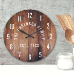 Rustic Wood Custom Family Name Farmhouse Runde Wanduhr<br><div class="desc">Farmhouse stil wall clocks for the perfekt addition to give your kitchen a country decor look. Personalize with family name and established year for an unique farmhouse wall clock.</div>