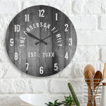 Rustic Wood Custom Family Name Farmhouse Runde Wanduhr<br><div class="desc">Farmhouse stil wall clocks for the perfekt addition to give your kitchen a country decor look. Personalize with family name and established year for an unique farmhouse wall clock.</div>