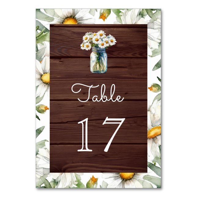 Rustic Wood Daisies Floral Mason Jar Wedding Tischnummer (Vorderseite)
