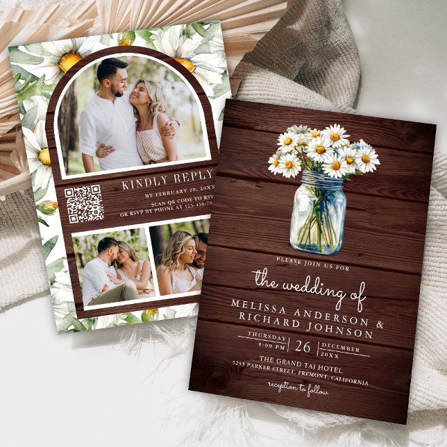 Rustic Wood Daisies Mason Jar QR Code Wedding Einladung (Von Creator hochgeladen)