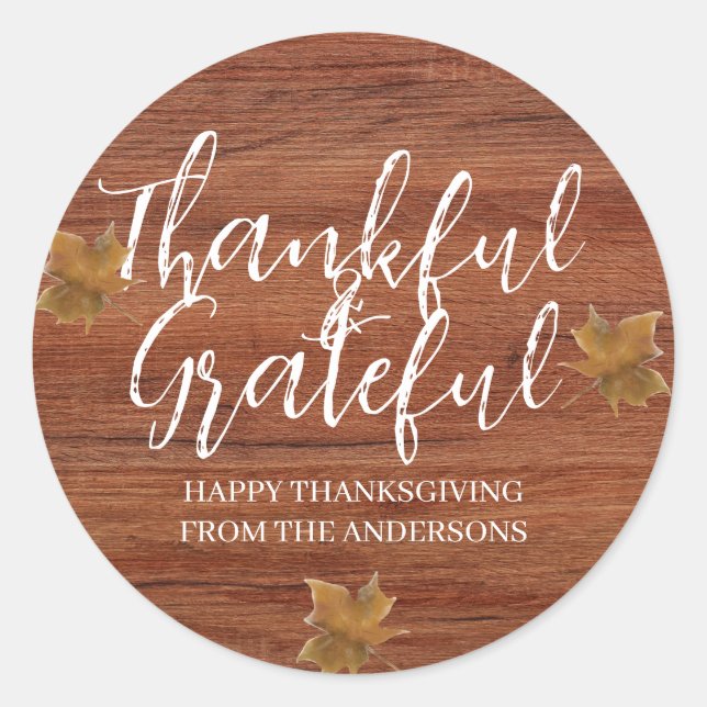 Rustic Wood Dankful Grateful Erntedank Familie Runder Aufkleber (Vorderseite)