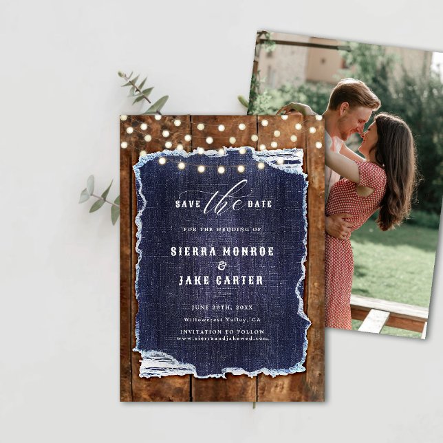 Rustic Wood Denim Foto Cowboy Wedding Rett Date Einladung (rustic wedding save the date cowboy barn wood denim string lights ranch country western backyard)