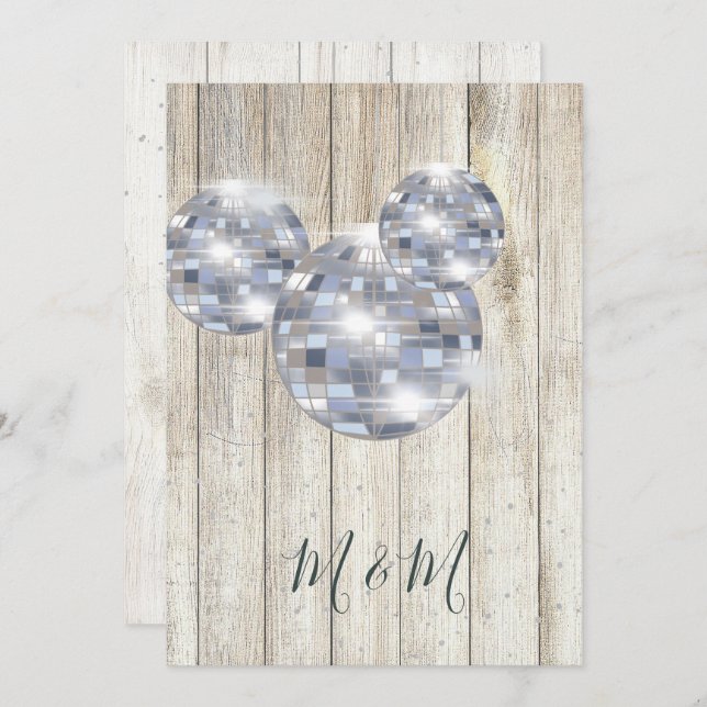 Rustic Wood Disco Silver Chic Wedding Einladung (Vorne/Hinten)
