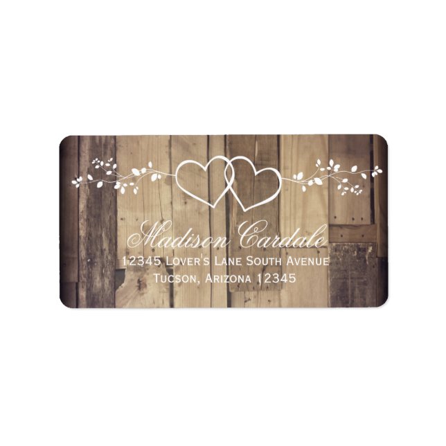 Rustic Wood Double Hearts Hochzeitsplatten Adressaufkleber (Vorne)