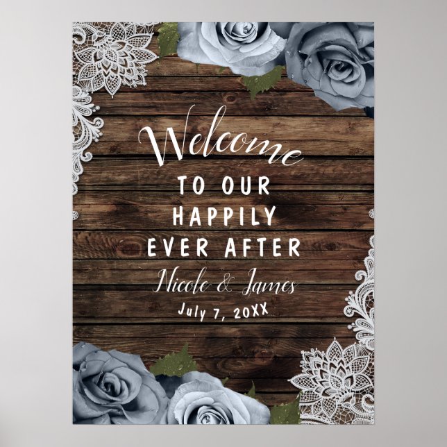 Rustic Wood Dusty Blue Rose Foto Hochzeit Willkomm Poster (Vorne)