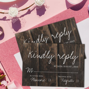 Rustic Wood Elegant Script Wedding RSVP Karte