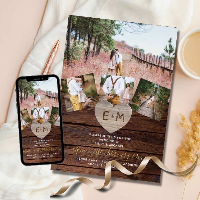 Rustic Wood Engraved Heart PHOTO COLLAGE WEDDINGs  Einladung (Von Creator hochgeladen)