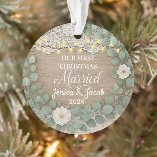 Rustic Wood & Eucalyptus First Christmas Married Ornament (Baum)