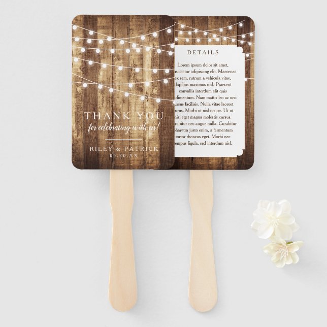 Rustic Wood Fairy Light Barn Wedding Vielen Dank Fächer (Vorne und Hinten)