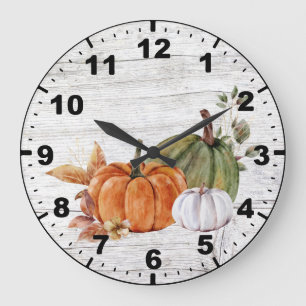 Rustic Wood Fall Autumn Pumpkins Greenery Große Wanduhr