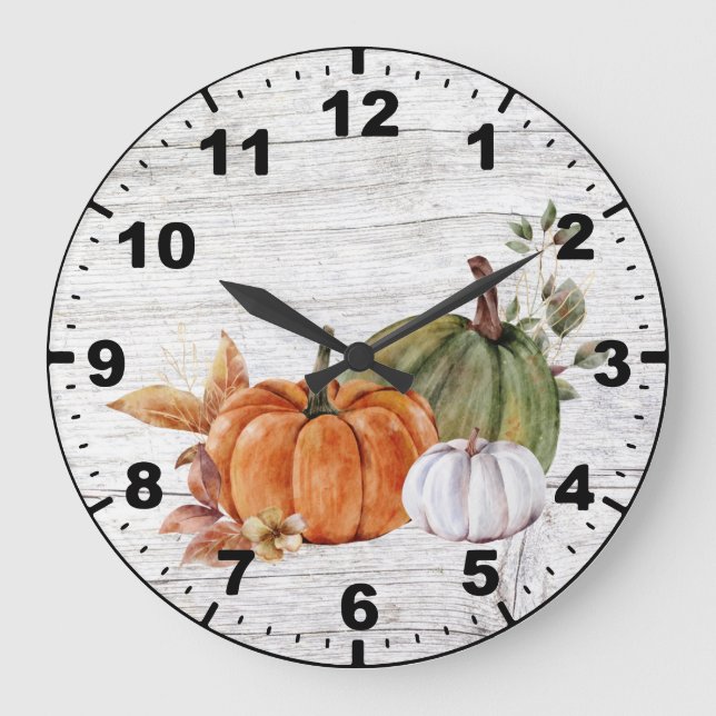 Rustic Wood Fall Autumn Pumpkins Greenery Große Wanduhr (Vorderseite)