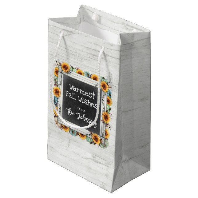 Rustic Wood Fall Erntedank Sonnenblumenpumpen Kleine Geschenktüte (Vorderseite Schrägansicht)