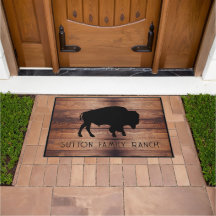 Rustic Wood Family Name Bison Silhouette
