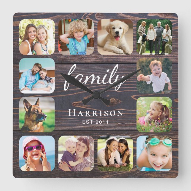 Rustic Wood Family Photo Personalized Quadratische Wanduhr (Vorderseite)