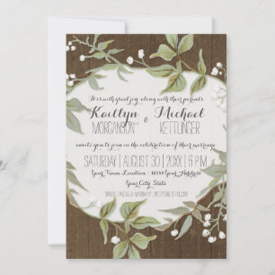 Rustic Wood Fence Laurel Leaf Wreath Wedding Einladung
