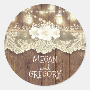 Rustic Wood Fireflies Mason Jars Barn Wedding Runder Aufkleber