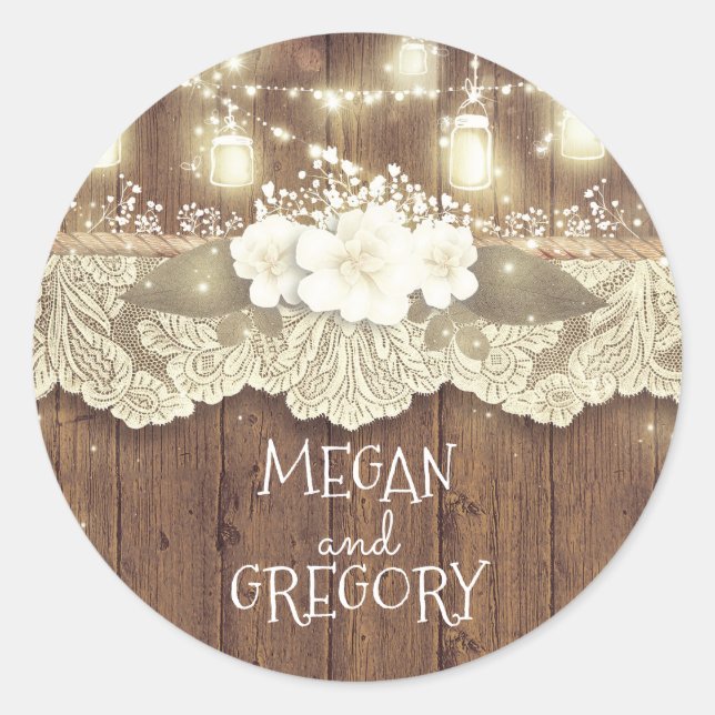 Rustic Wood Fireflies Mason Jars Barn Wedding Runder Aufkleber (Vorderseite)