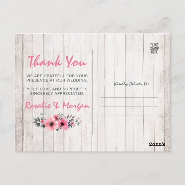 Rustic Wood Floral Country Wedding Danke Foto Postkarte (Rückseite)