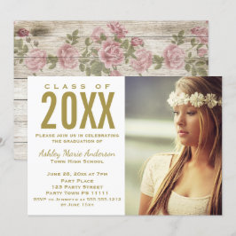 Rustic Wood Floral Gold Graduation Party Foto Einladung