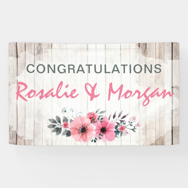 Rustic Wood Floral Hochzeit Herzlichen Glückwunsch Banner (Horizontal)