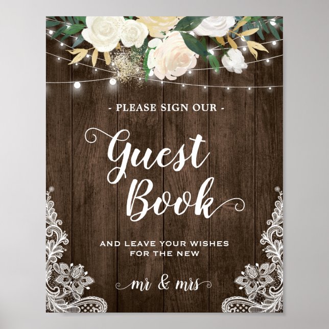 Rustic Wood Floral Lace Gästebuch Hochzeitszeichen (Vorne)