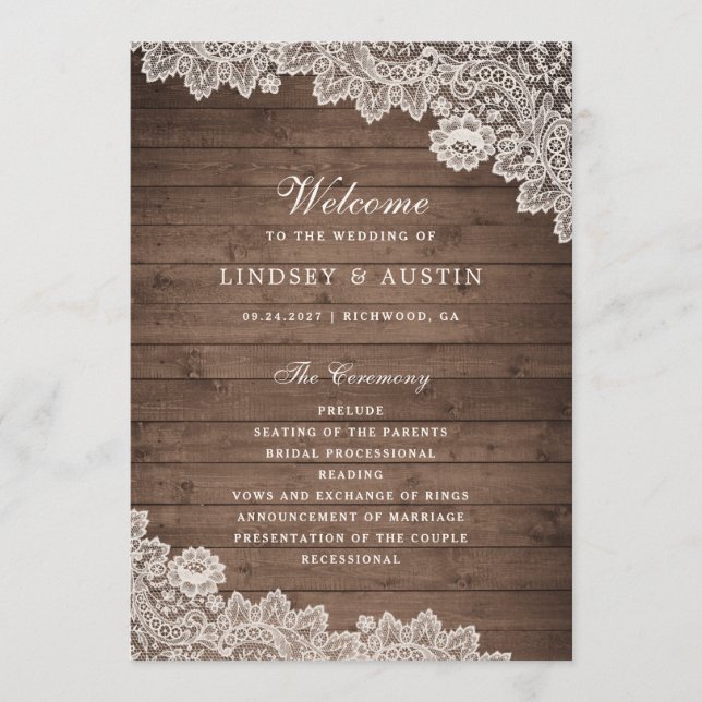 Rustic Wood Floral Lace Programme de mariage (Devant)