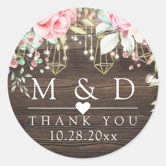 Rustic Wood Floral Lichter Wedding Danke Runder Aufkleber (Vorderseite)