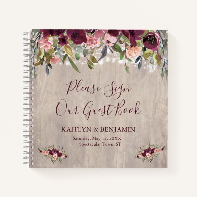 Rustic Wood Floral Lights Mariage Livre d'invité (Devant)