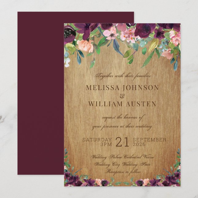 Rustic Wood floral Marsala Wedding Einladung (Vorne/Hinten)