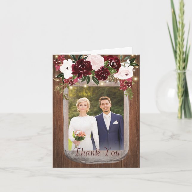 Rustic Wood Floral Mason Jar Wedding Foto Dankeskarte (Vorderseite)
