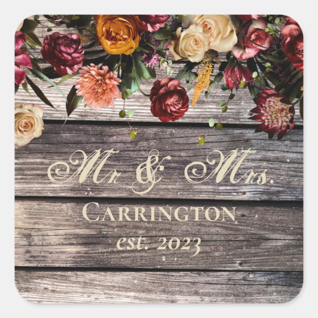Rustic Wood Floral Mr. & Mrs. Wedding Quadratischer Aufkleber (Vorderseite)