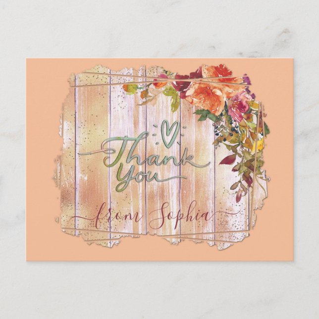 Rustic Wood Floral Name Vielen Dank Postkarte (Vorderseite)