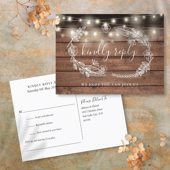 Rustic Wood Floral Song Request RSVP Card Einladungspostkarte (Rustic Wood Floral Song Request RSVP Card)