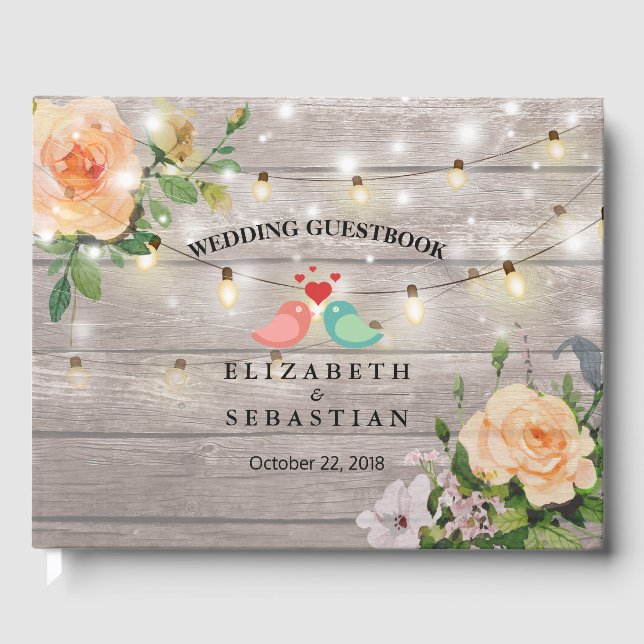 Rustic Wood Floral String Lights Wedbook Gästebuch (Vorderseite)