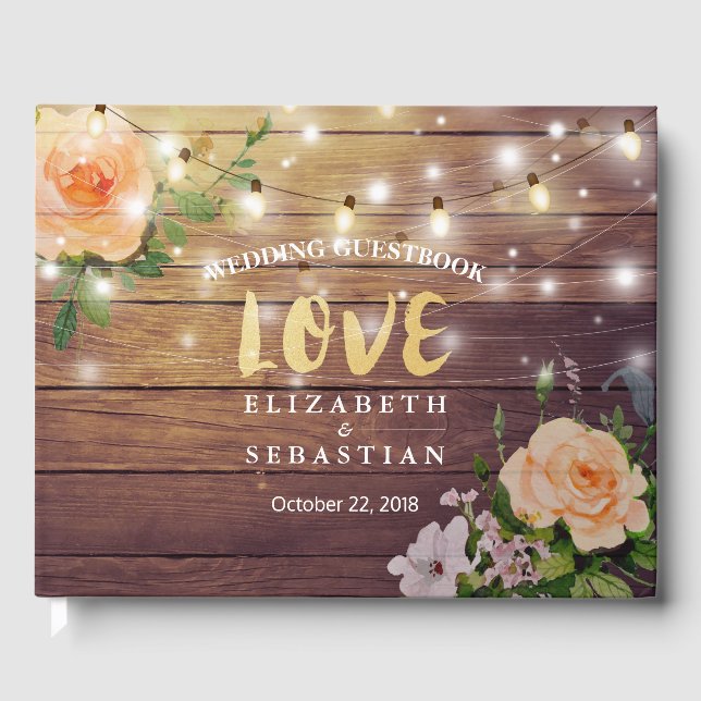 Rustic Wood Floral String Lights Wedbook Gästebuch (Vorderseite)