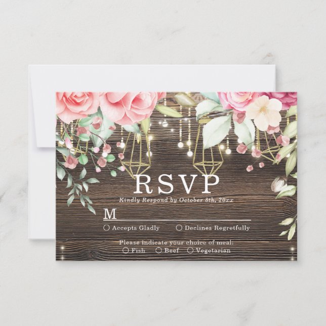 Rustic Wood Floral String lights Wedding rsvp (Vorderseite)