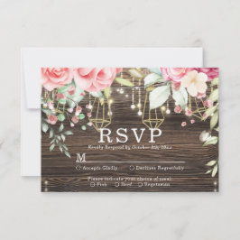 Rustic Wood Floral String lights Wedding rsvp Karte