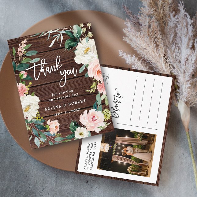 Rustic Wood Floral Wreath Foto Vielen Dank Postkarte (Front & Back)