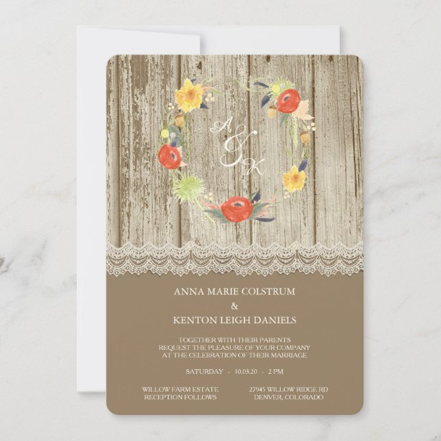 Rustic Wood Floral Wreath Wedding Einladung (Vorderseite)
