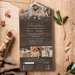 Rustic Wood Foto Monogram Wedding RSVP All In One Einladung<br><div class="desc">Dieses moderne, minimale und elegante Hochzeitsangebot und das uAwg Postkartenbündel eignen sich perfekt für das zeitgenössische Ehepaar. Es verfügt über einen rustikalen, landschaftlichen und südbraunen Holzhintergrund und handgeschriebene Schriftzeichen. Es umfasst auch vier Foto des schönen Paares. Es ist einfach, stilvoll und einzigartig für Ihre besondere Veranstaltung! ***WICHTIGE HINWEIS FÜR DESIGN:...</div>