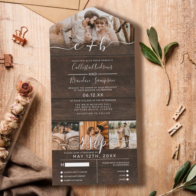 Rustic Wood Foto Monogram Wedding RSVP All In One Einladung (Von Creator hochgeladen)