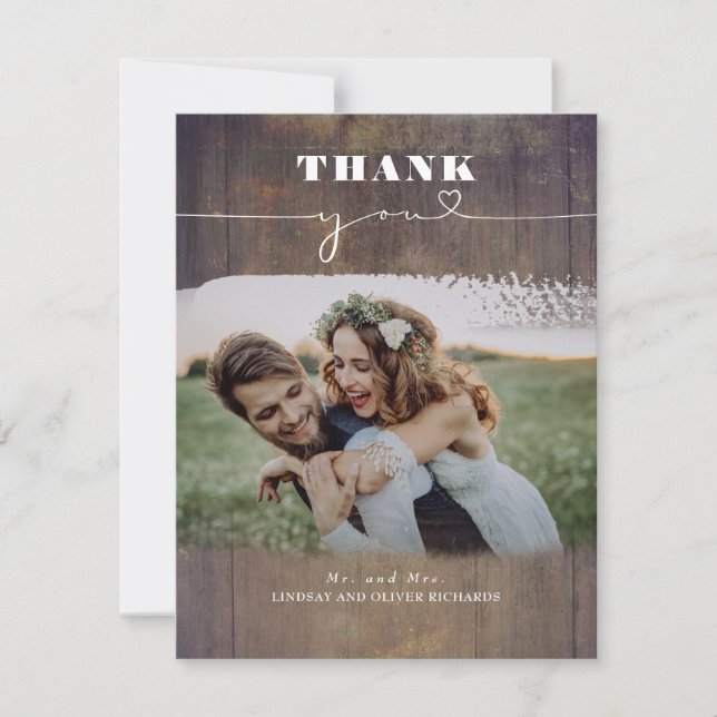 Rustic Wood Foto Overlay Wedding Vielen Dank Dankeskarte (Vorderseite)