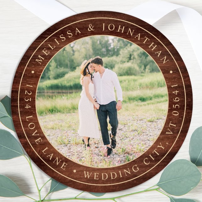 Rustic Wood Foto Rücksendeadresse Runder Aufkleber (Von Creator hochgeladen)