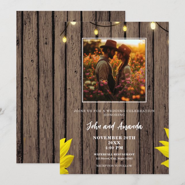 Rustic Wood Foto Western Wedding Einladung (Vorne/Hinten)