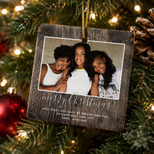 Rustic Wood Frohe Weihnachts-Script Familie Foto Keramikornament